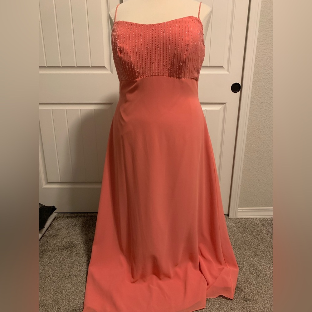 D-18 Alfred Angelo Coral Spaghetti Strap Maxi Gown